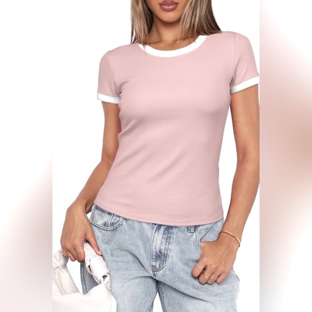 U Neck Short Sleeve Color Block Slim Fit Ribbed Knit Basic Tee | NWT | S - Picture 3 of 9